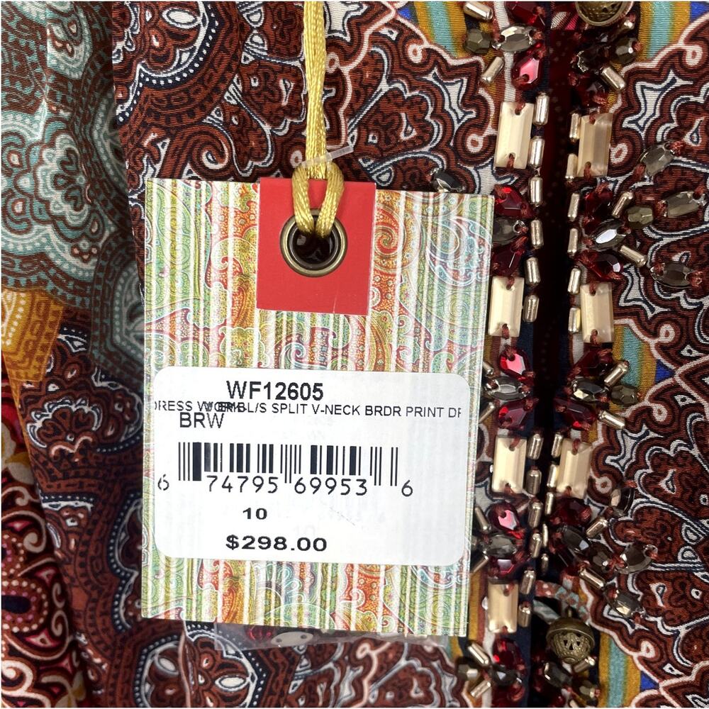 Robert Graham 100% Silk Printed Tunic Dress Embellished Boho Vacation Size 10 - Picture 7 of 9
